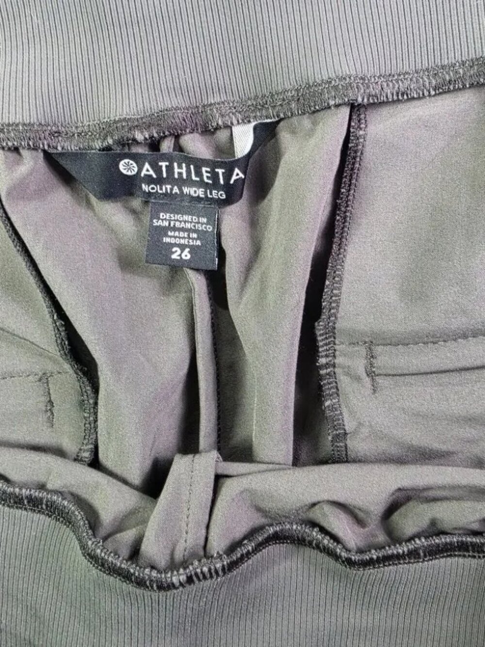 Athleta Nolita Wide Leg Pants Olive Green Tuxedo Satin Stripe Travel - Picture 4 of 14
